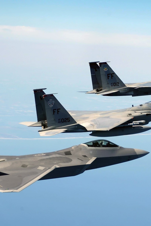 Звено самолетов F-22 Raptor и F-15 Eagle