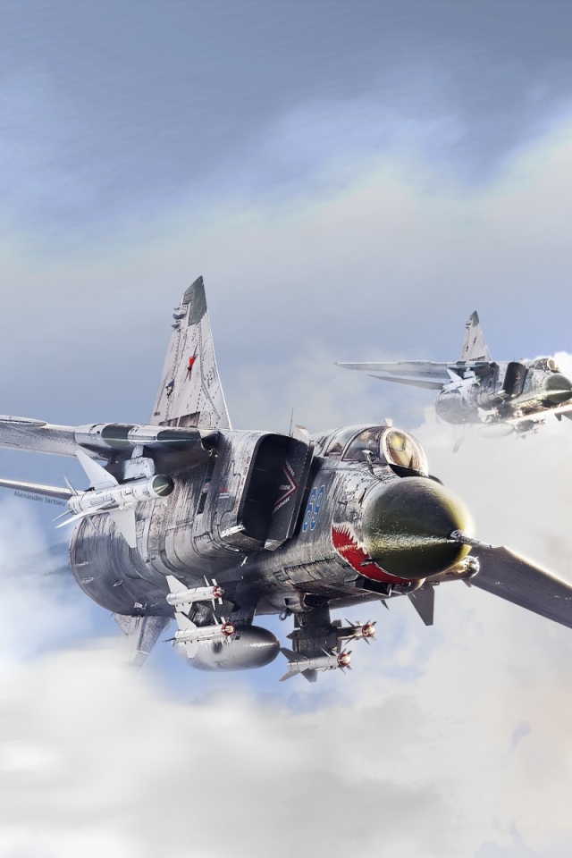 Два истребителя Миг-23 в облаках