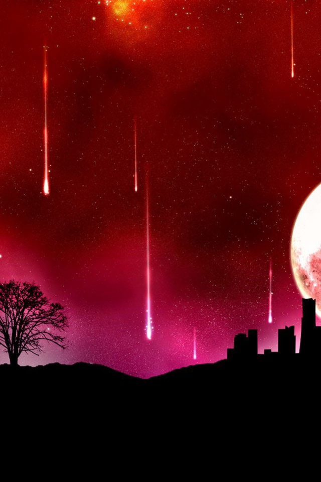 Огромная луна и падающие звезды, красный фон