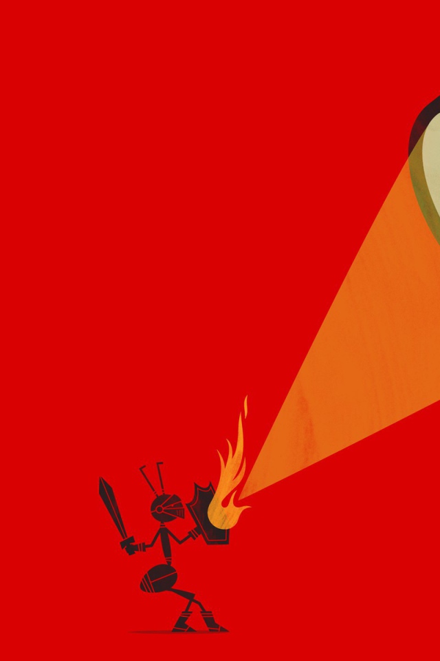 Муравей защищается от луча, красный фон