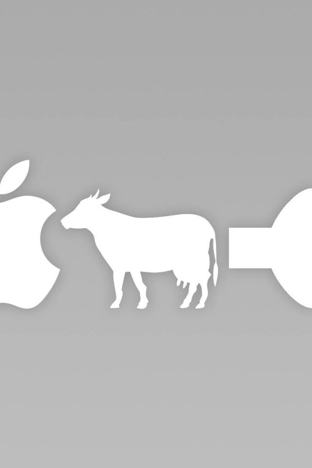 Яблоко, корова и динамик, серый фон