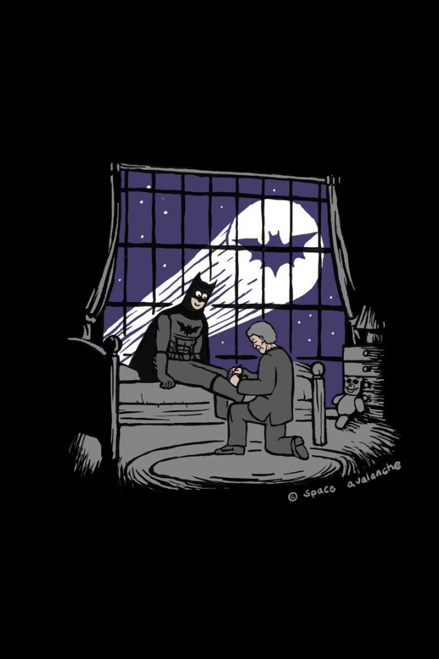 Помощник завязывает Бетману шнурки, черный фон