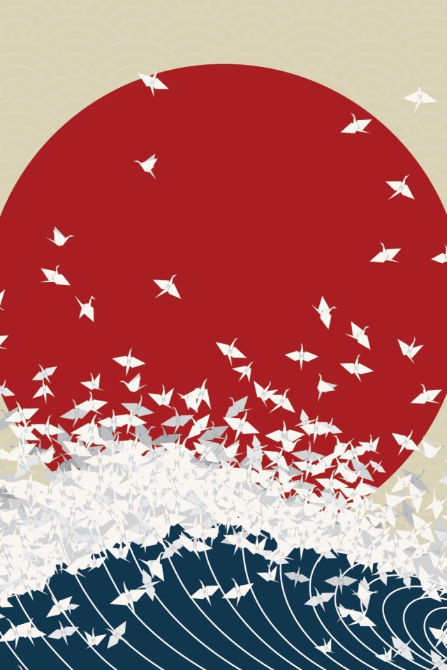 Птицы взлетают из волны на фоне флага Японии