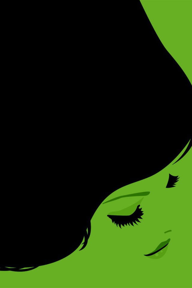 Черные волосы девушки, зеленый фон