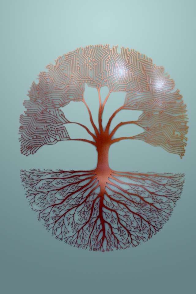 Ветви и корни дерева, серый фон