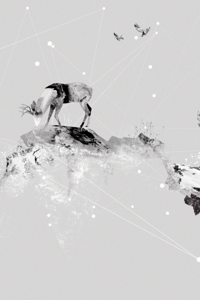 Олени в горах, серый фон