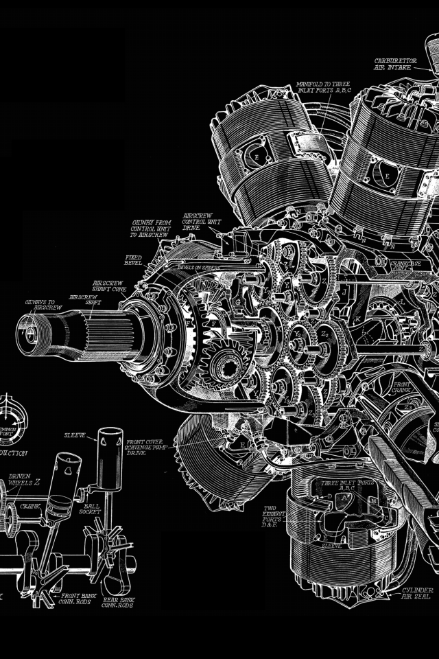 Чертеж мощного двигателя на черном фоне