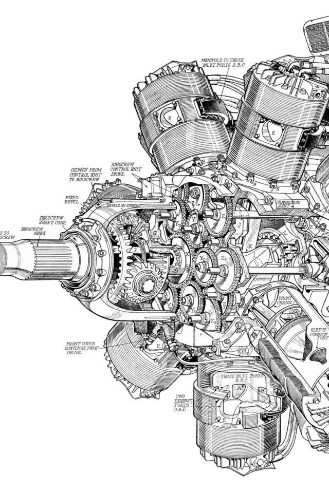 Чертеж мощного двигателя на белом фоне