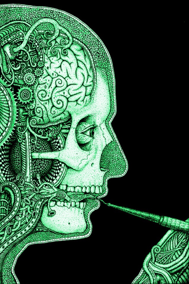 Зеленый силуэт курящего человека на черном фоне