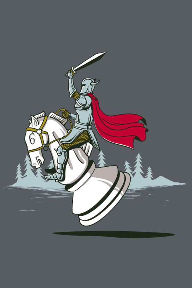 Рыцарь скачет на шахматном коне, серый фон