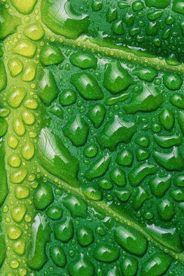 Влага на жилках листа, зеленый фон