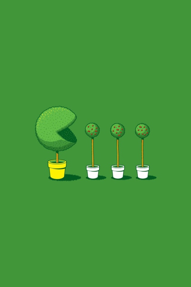 Пакман кушает растения, зеленый фон