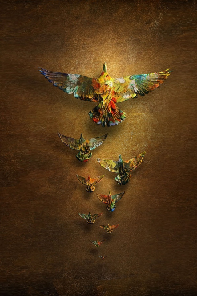 Радужные птицы на коричневом фоне