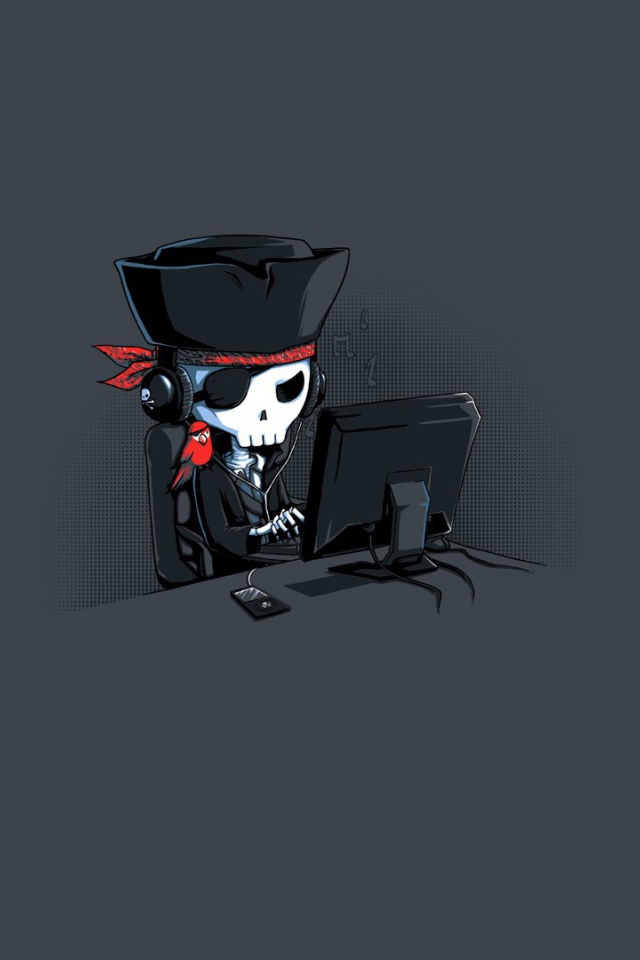 Пират за монитором, серый фон