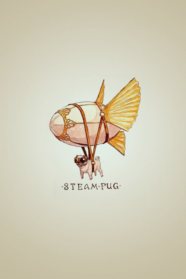 Мопс на дирижабле, серый фон