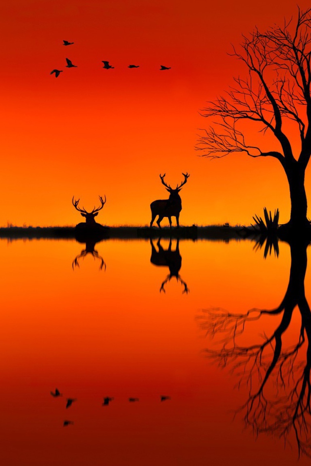 Силуэты оленей на оранжевом фоне