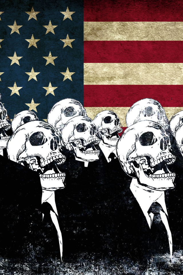 Скелеты в костюмах на фоне флага США