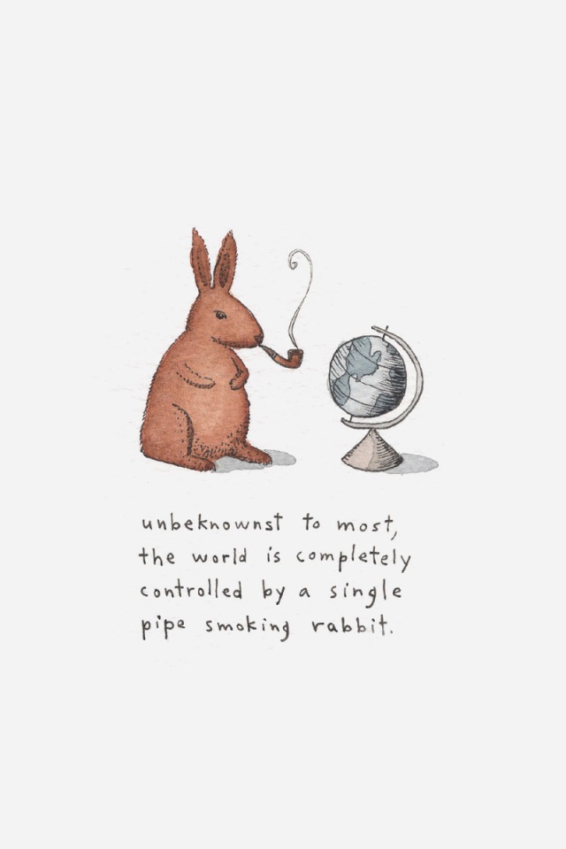 Курящий кролик и глобус, серый фон