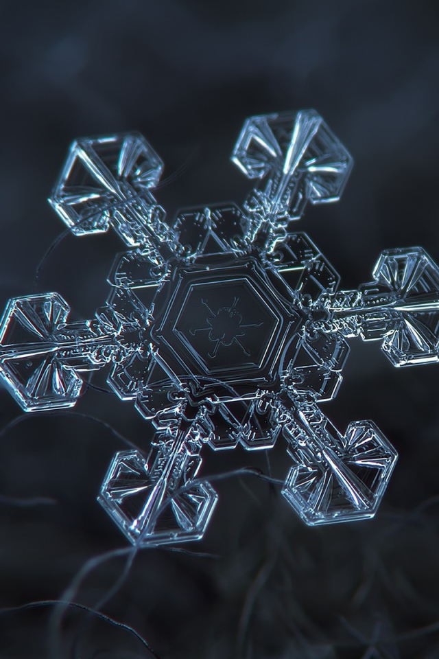Снежинка под увеличением на черном фоне