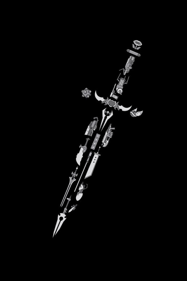 Меч из элементов разных игр, черный фон