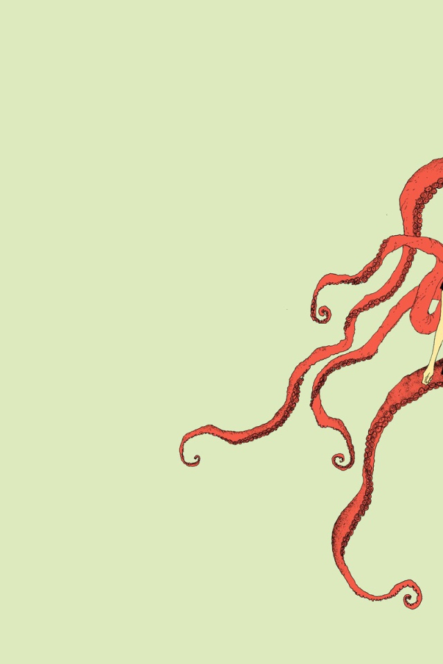 Девушка и красный осьминог, светлый фон