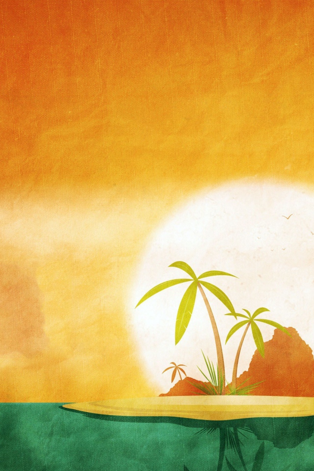 Тропический остров, оранжево зеленый фон