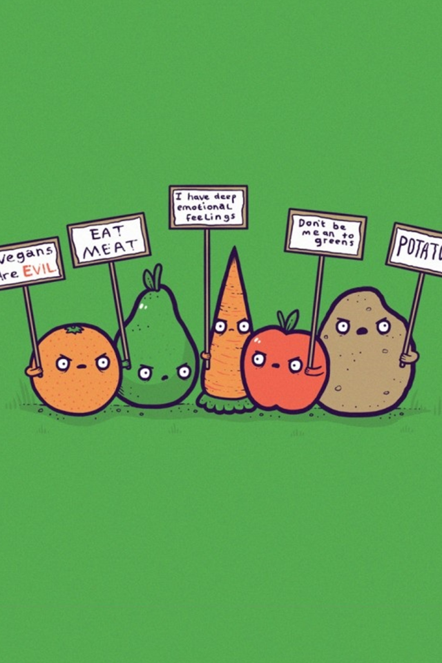 Овощи проводят митинг, зеленый фон