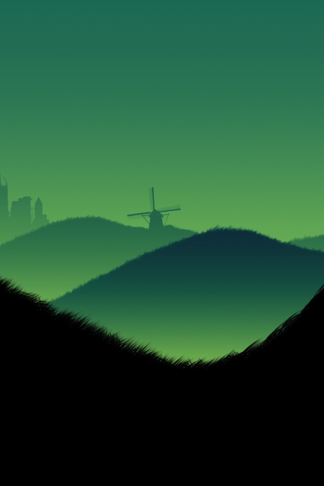 Ветряк на холме, черно зеленый фон