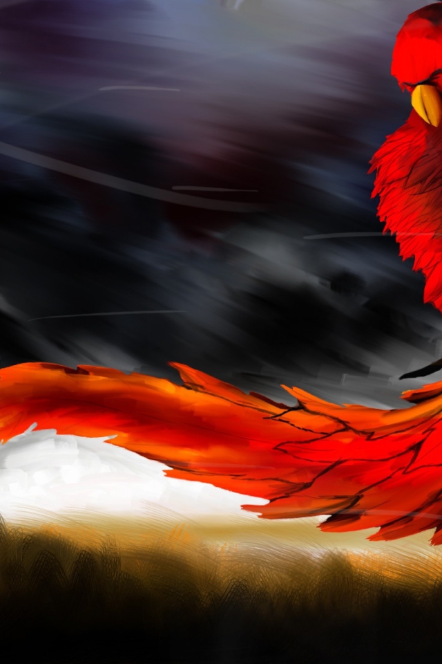 Красная птица ухватилась за ветку во время ветра