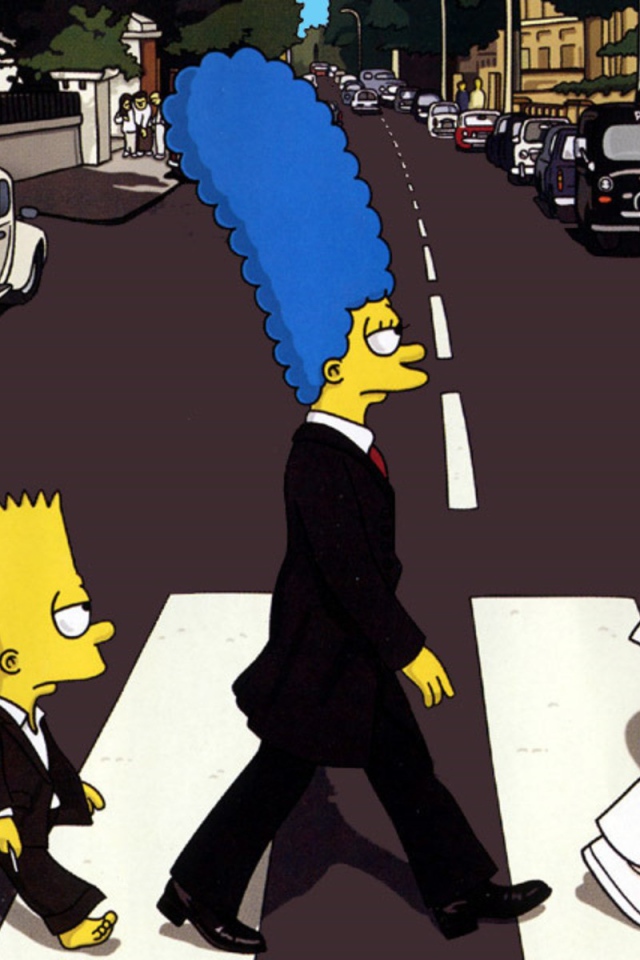 Семья Симпсонов в костюмах переходит дорогу