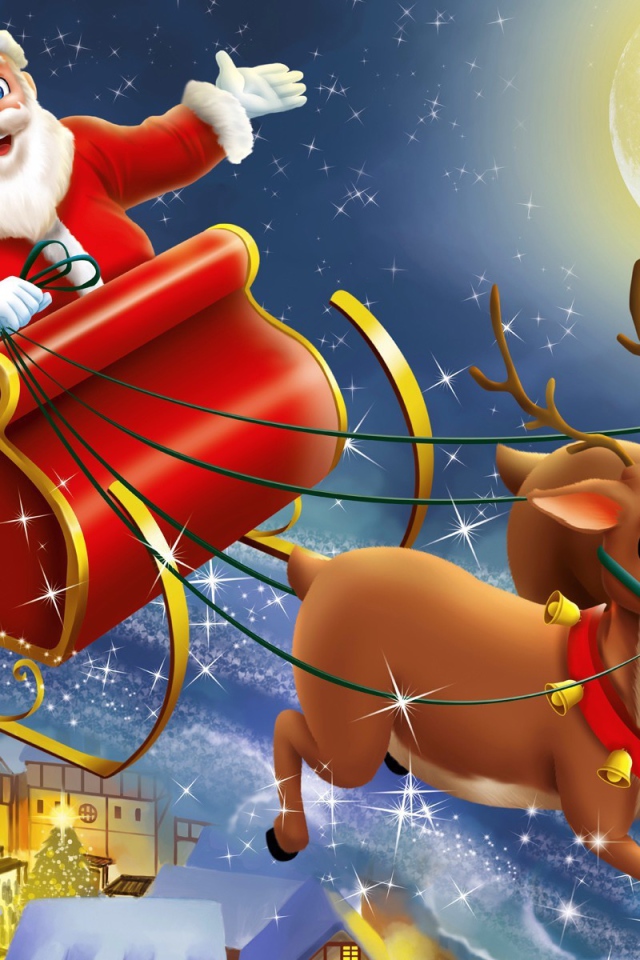 Санта клаус с детьми на оленях