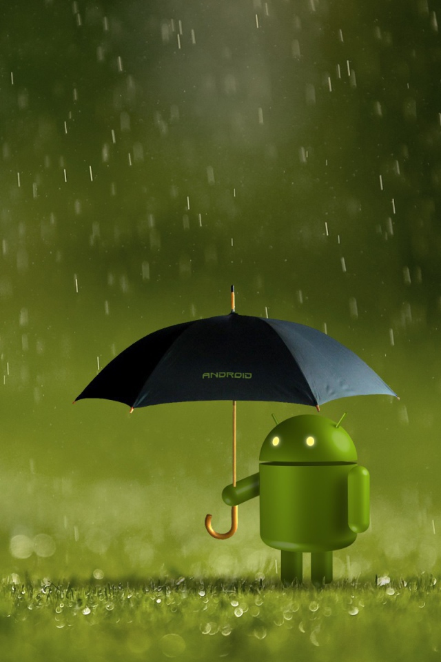 Андроид прячется от дождя под зонтом