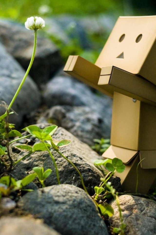 Картонный человечек радуется цветку