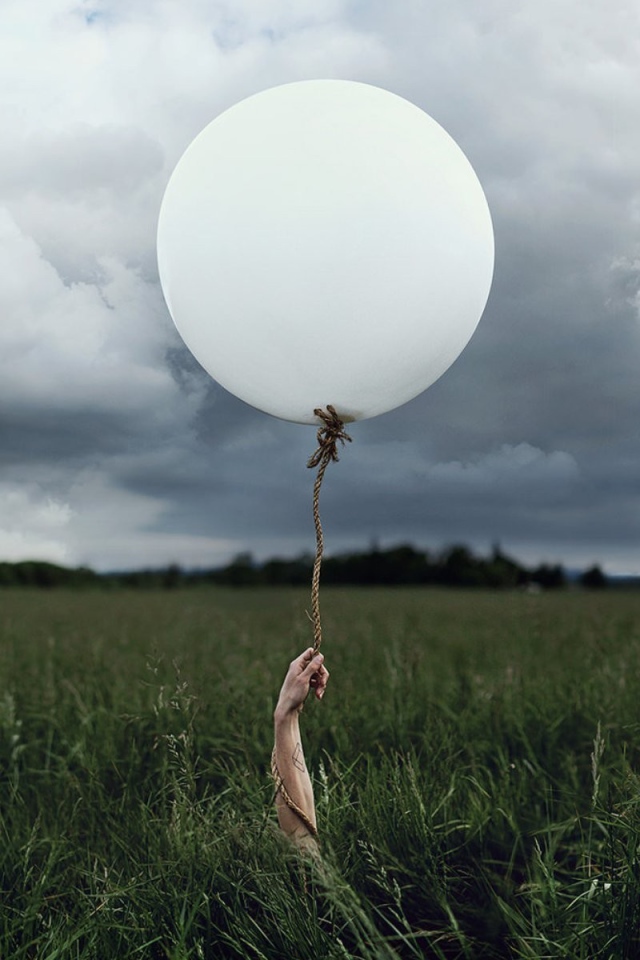 Рука с шаром среди поля