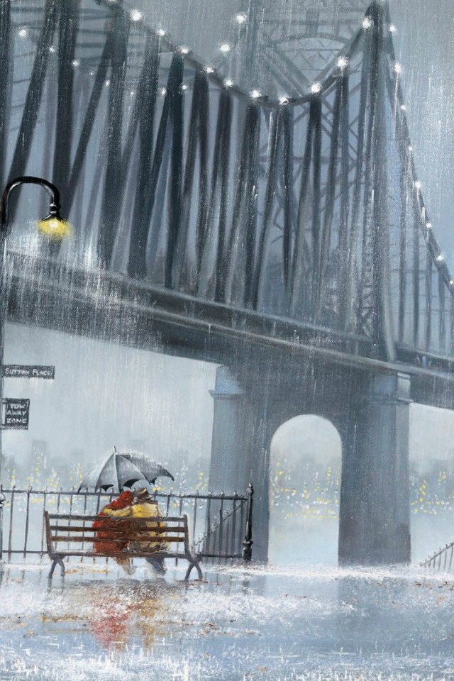 Влюбленные у моста под дождем