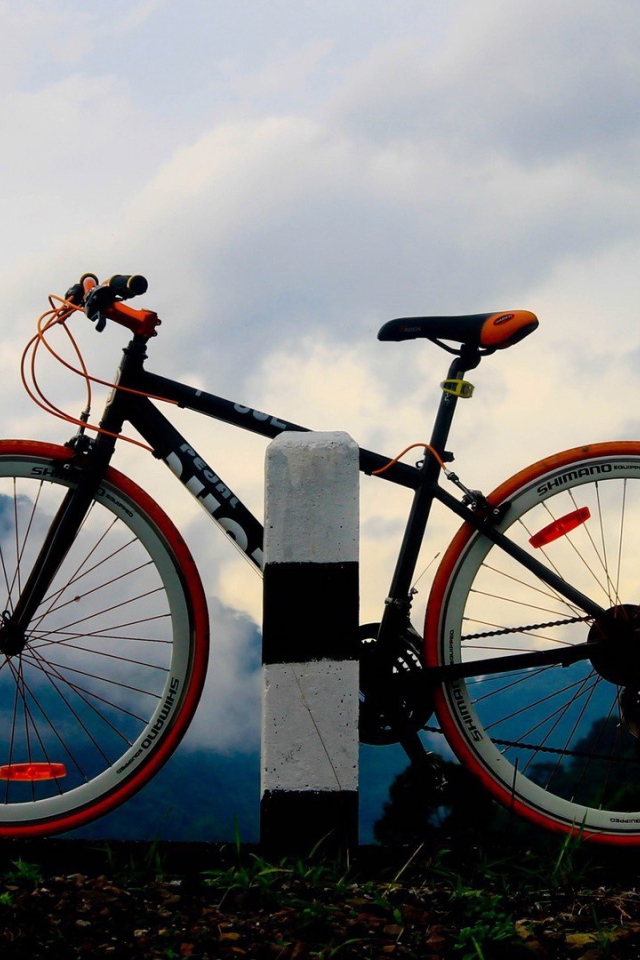 Спортивный велосипед у дорожного столбика