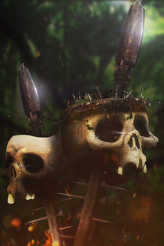 Черепа на копьях в джунглях