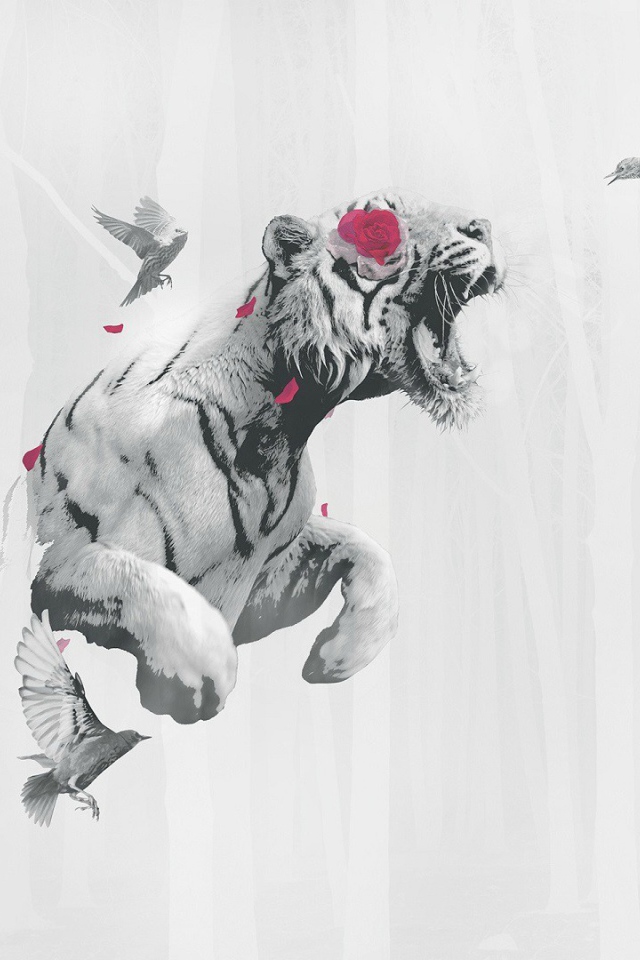 Тигр летит среди птиц