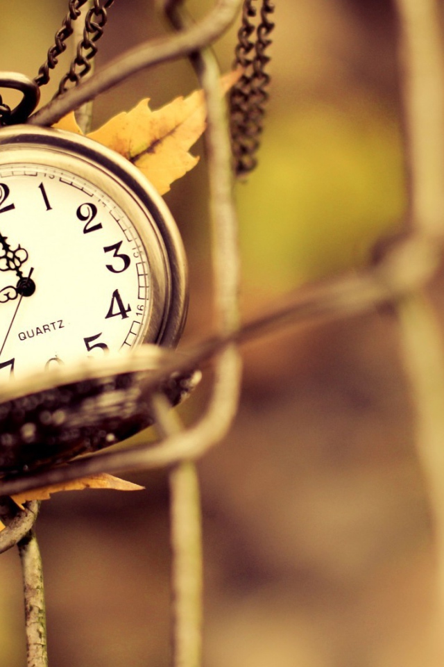 Часы на цепочке и осенний лист