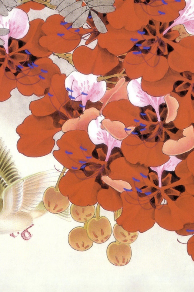 Птицы среди красных цветов, японская живопись