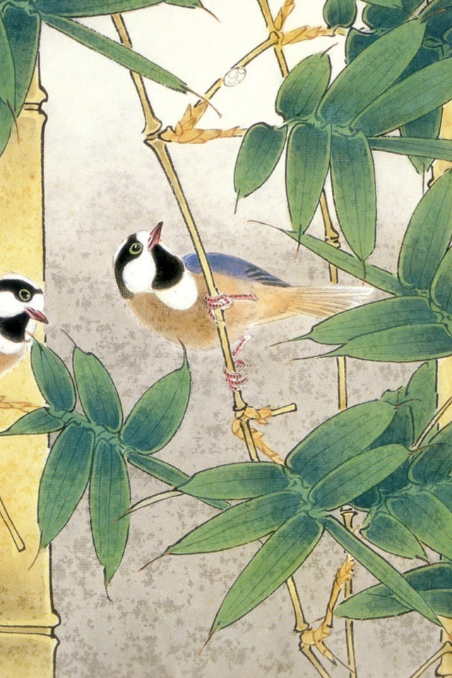 Птицы среди бамбука, японская живопись