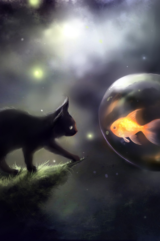 Черный котенок и золотая рыбка, арт