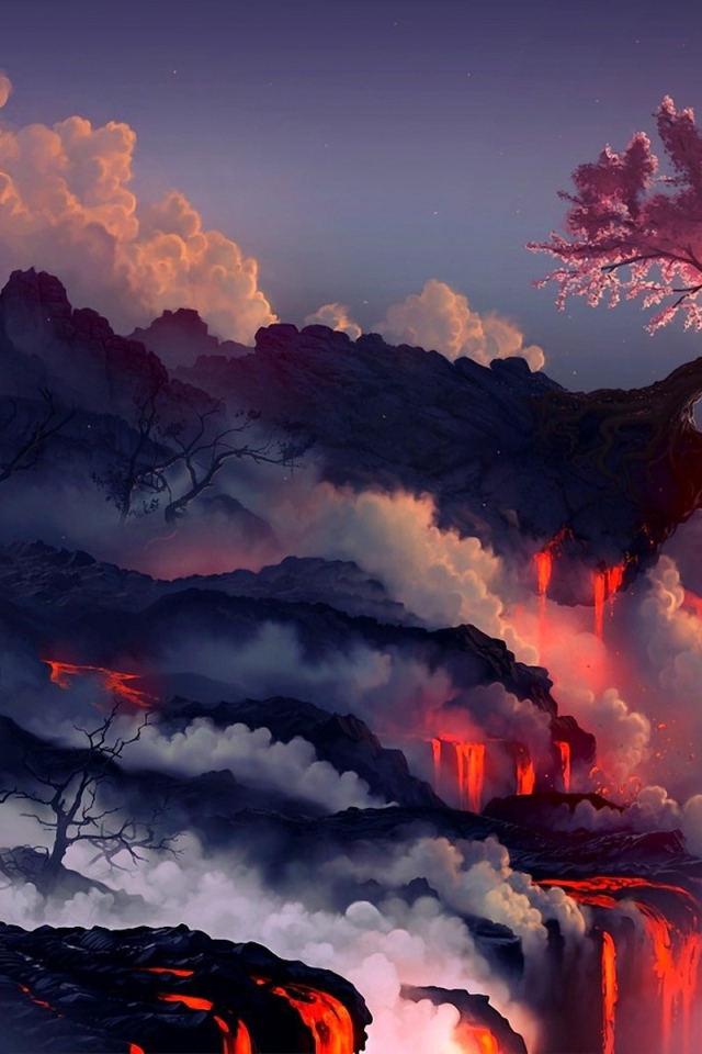 Цветущая вишня над потоками лавы