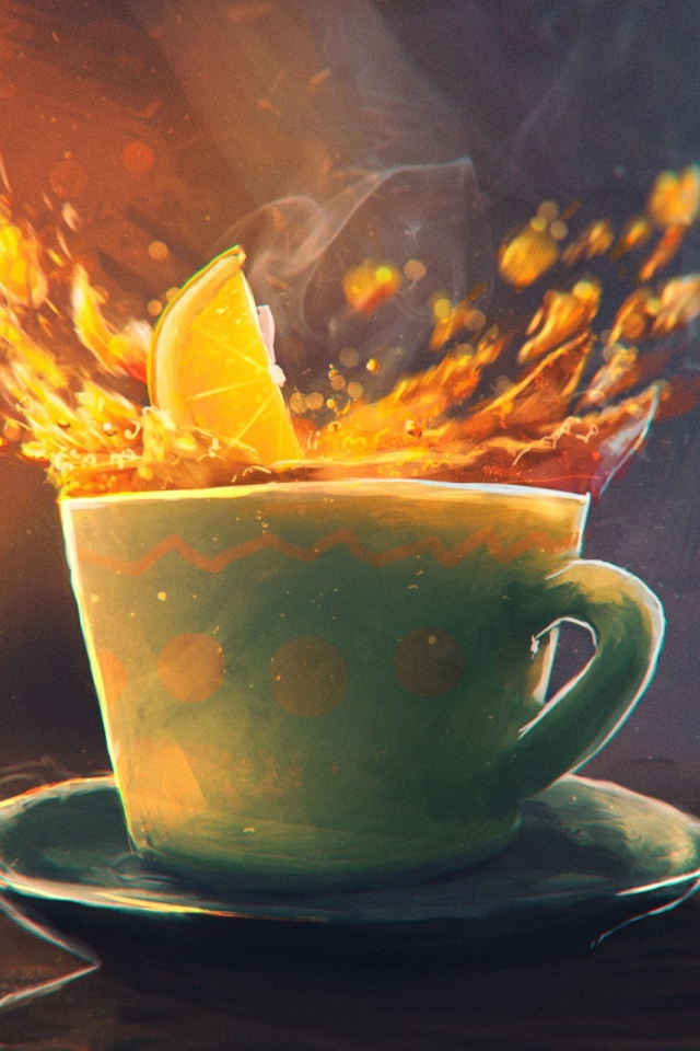 Долька апельсина падает в чашку, рисунок