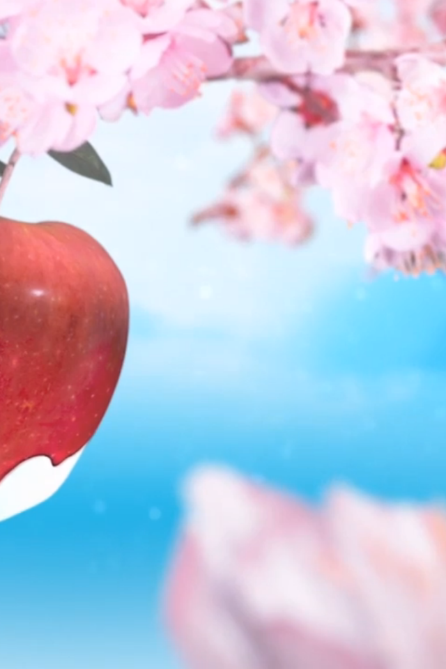 Красное яблоко среди розовых цветов