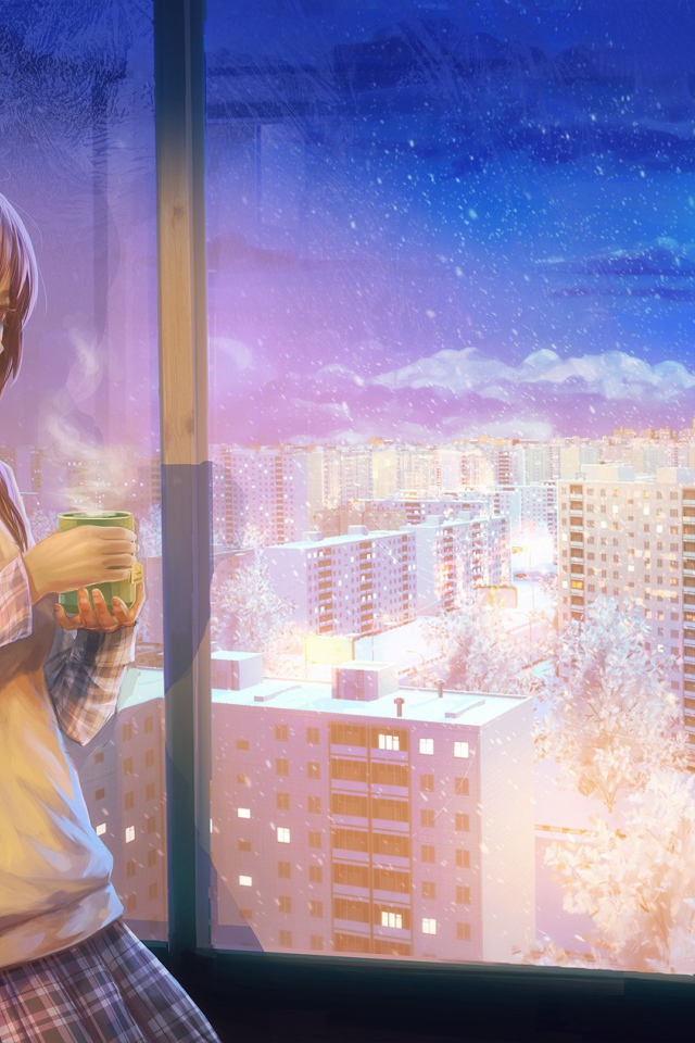 Девушка смотрит на ночной город, работа художника ArseniXC