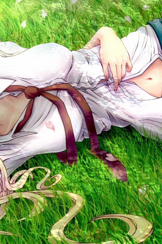 Блондинка лежит на траве, рисунок