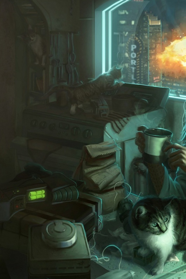 Девушка пьет чай в окружении котов