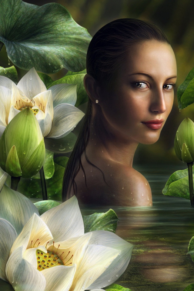 Девушка в воде с лилиями
