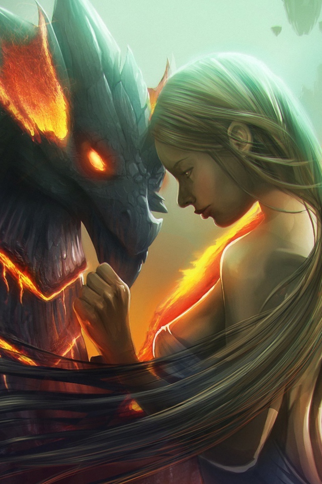 Длинноволосая девушка и дракон